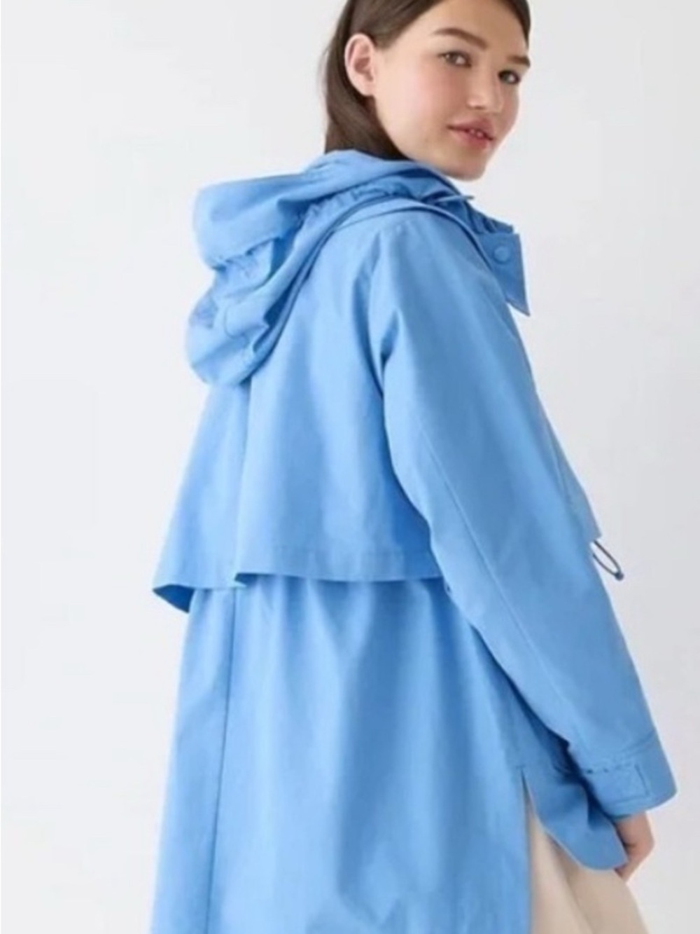 J.Crew Re-Imagined Women’s Blue Hooded Rain Coat Snap/Zip Mid-Length M - Picture 2 of 15